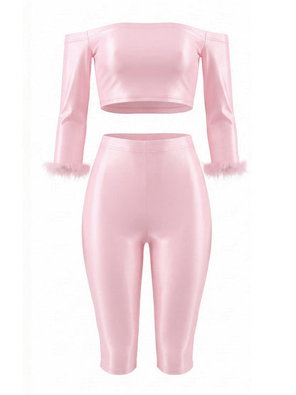 Solid Off-Shoulder Cropped Top & Capri Pants Set
