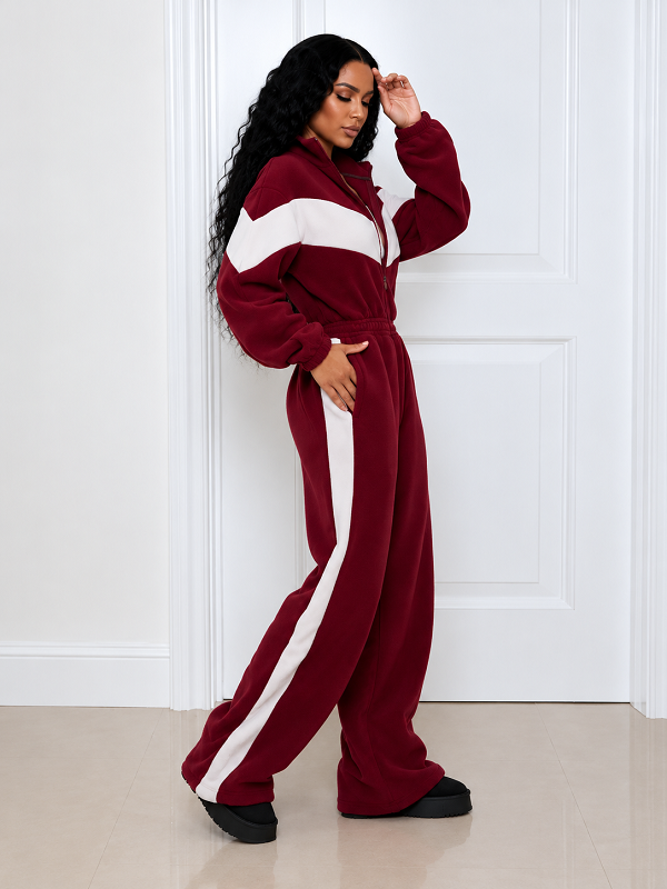 Color Block Fleece Jacket & Pants Set