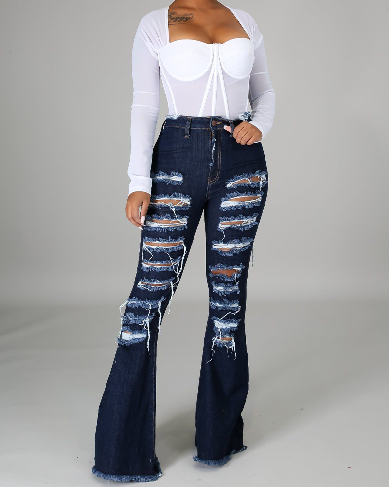 High-Waisted Broken Hole Flared Jeans