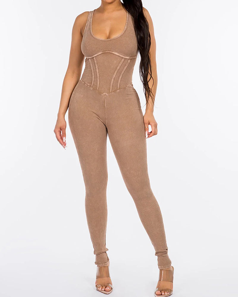 Ribbed Distressed Washed Long-Sleeve Jumpsuit