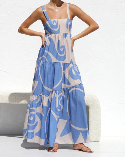 Simple Printed Suspender Maxi Dress with Large Skirt