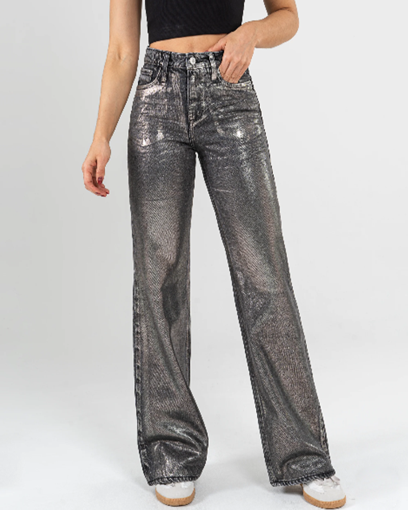 Metal Silver  Retro High-Waisted Straight-Leg Jeans (Pre-Sale)