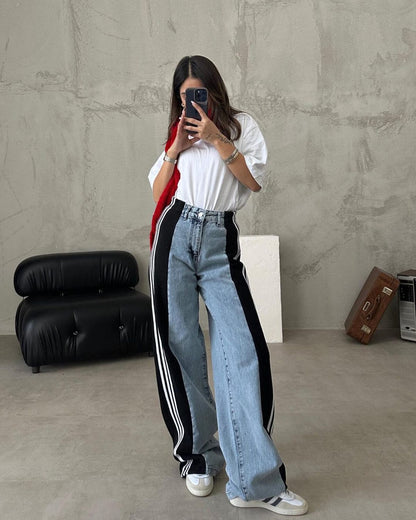 High Waisted Straight Pants Casual Pants Striped Patchwork Jeans Women Lightblue