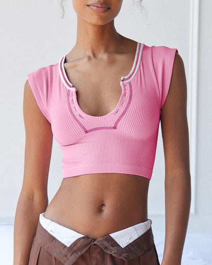 Y2K Slim Fit Knitted Rib T-Shirt Pink