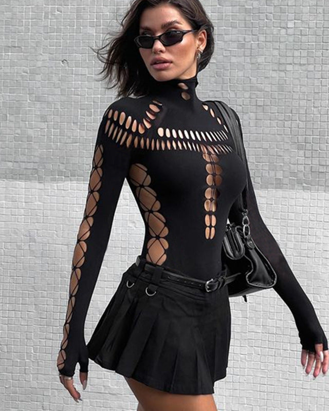 Dark Cyber Y2k Punk Sexy Hollow Out Long Sleeve Bodysuits