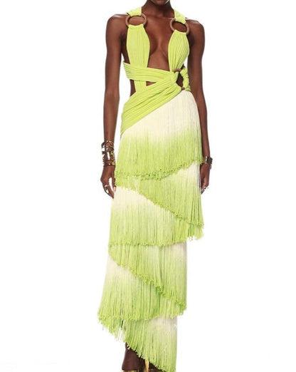 Beach Gradient Tassel Retro Dress LightGreen