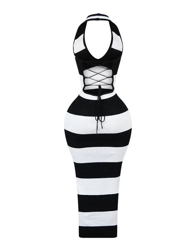 Strapless Halterneck Black and White Striped Dress (Pre-sale)