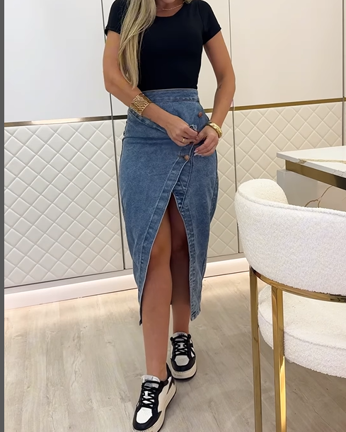 Irregular Slit High Waist Denim Skirt