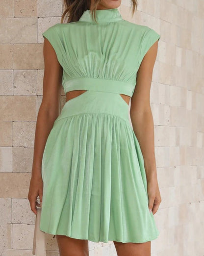 Solid Color Waistline Stand Collar Exposed Waist Mini Dress LightGreen