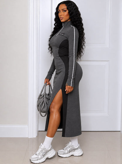 Contrast Zip-Front Slit Dress
