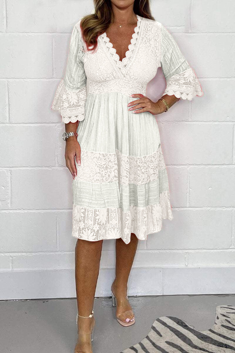 V-neck lace cotton dress White