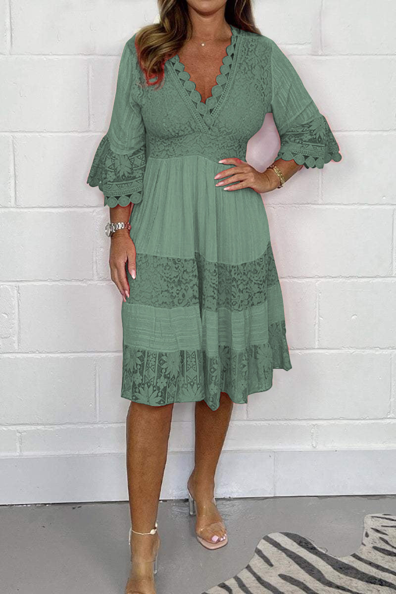 V-neck lace cotton dress Army green