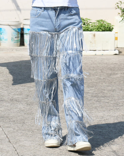 Sequined Fringed Straight-Leg Jeans