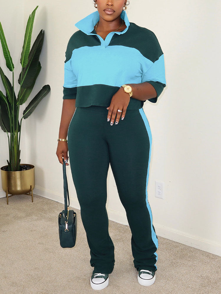 Colorblock Cropped Polo Top & Flare Leggings Set