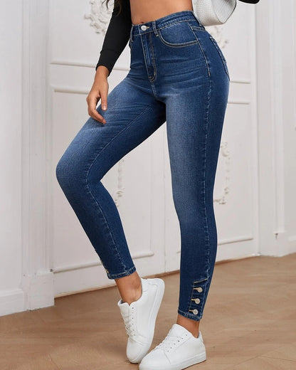 Buttoned High Elastic Tight Denim Trousers Women Blue