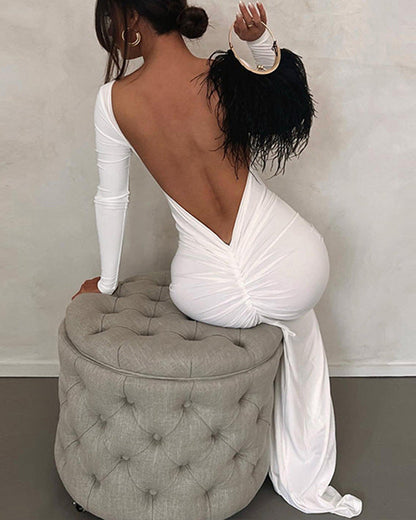 Ruched Open Back Long Sleeve Maxi Dress White