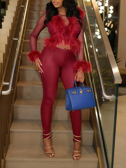 Feather Sheer Pants Set