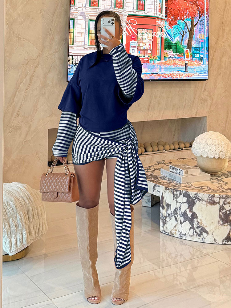 Layered Striped Top & Side-Tie Shorts Set