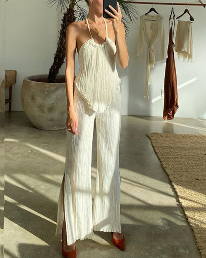 Halter Halter Top Pleated Slim Suit Beige