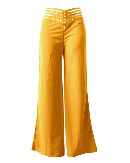 Cut-Out Belt High-Waisted Casual Wide-Leg Pants Yellow