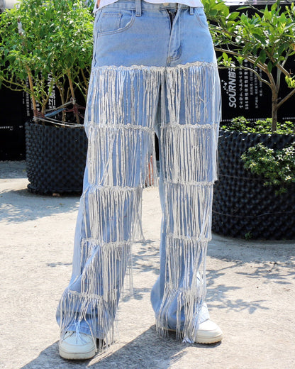 Sequined Fringed Straight-Leg Jeans