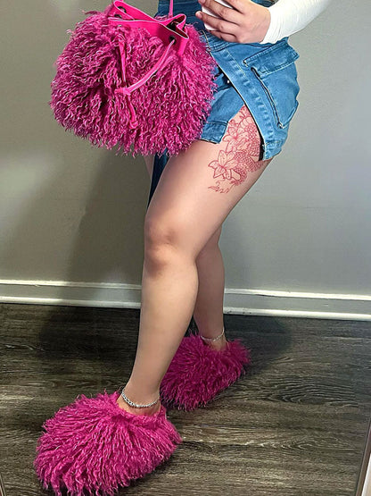 Fluffy Fur Bag & Slides Set