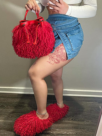 Fluffy Fur Bag & Slides Set