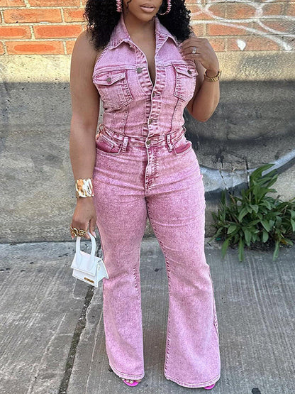 Morchique Button-Front Halter Denim Jumpsuit