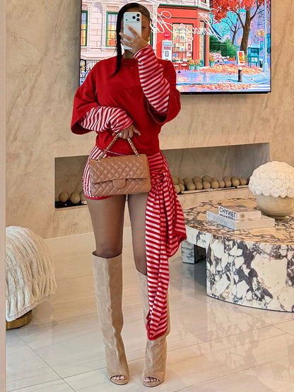 Layered Striped Top & Side-Tie Shorts Set