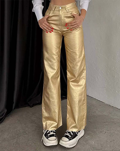 Women Vintage Straight-Leg Gold And Silver Pants Gold