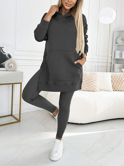 (S-5XL) Plus Size Women's Fashion Solid Color Hoodie and Lined Leggings two-piece set TOP+PANTS Grey