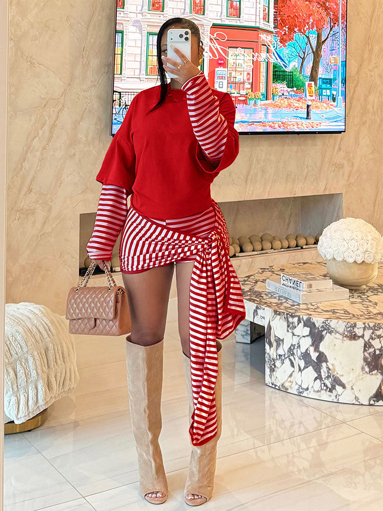 Layered Striped Top & Side-Tie Shorts Set