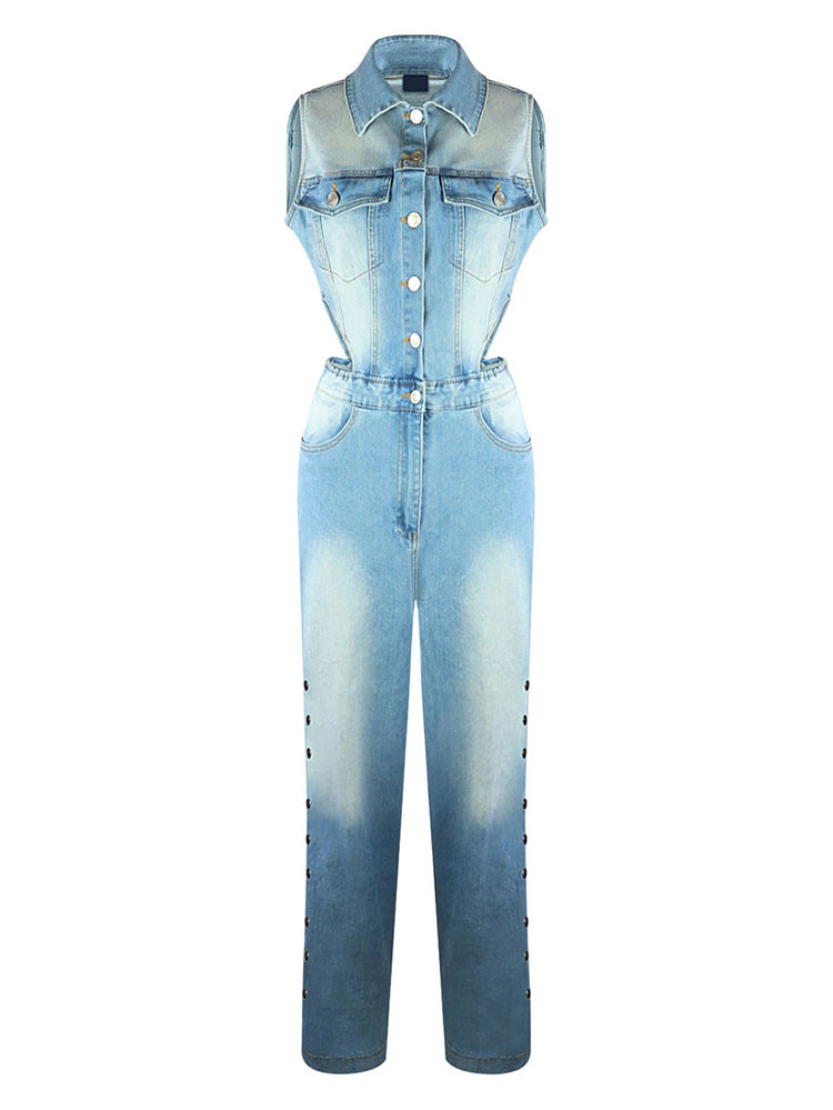Snap Button Wide Denim Jumpsuit