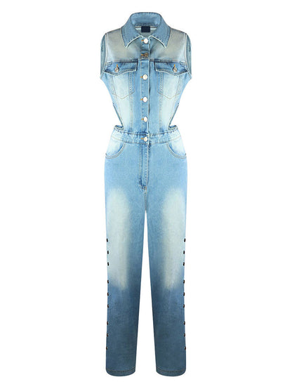 Snap Button Wide Denim Jumpsuit