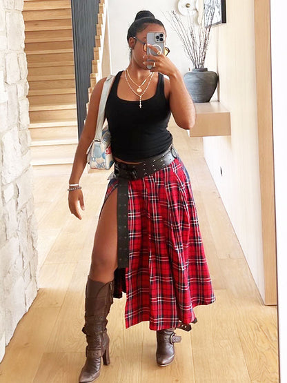 Slip Patchwork Plaid Skirt
