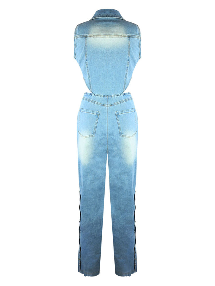 Snap Button Wide Denim Jumpsuit