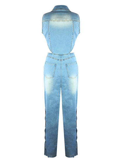Snap Button Wide Denim Jumpsuit