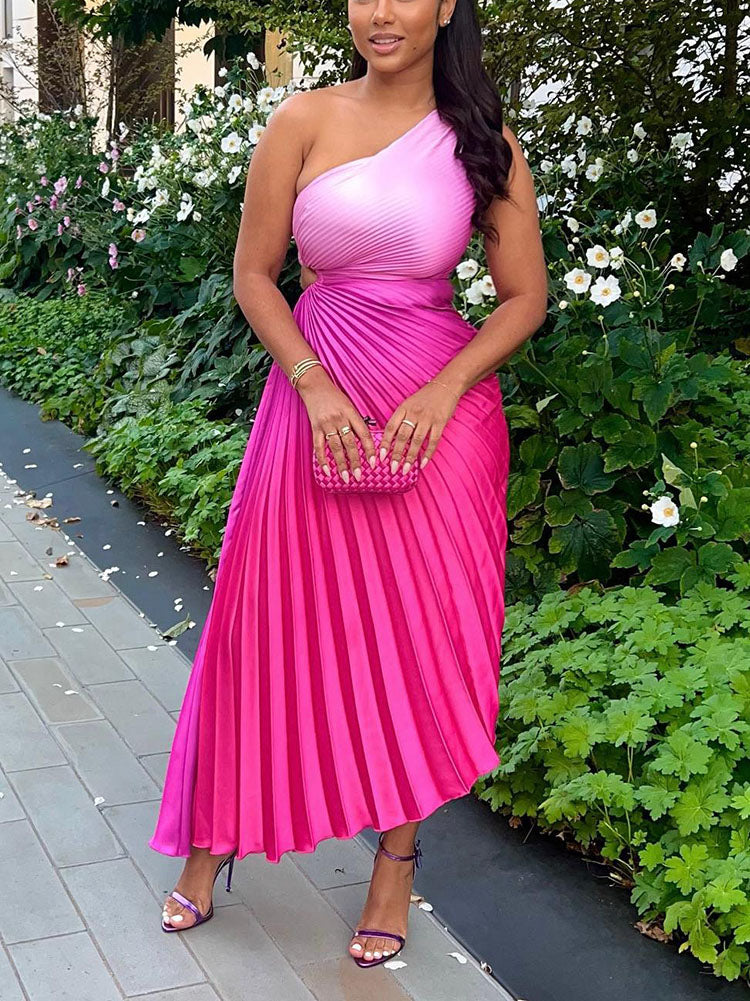 Gradient One Shoulder Pleated Dress