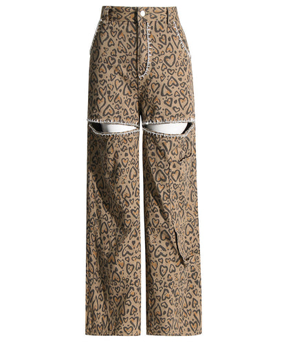 Leopard Print Diamond Straight Casual Trousers Women