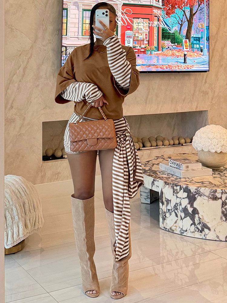 Layered Striped Top & Side-Tie Shorts Set