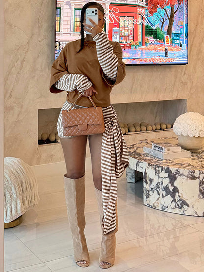 Layered Striped Top & Side-Tie Shorts Set
