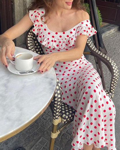 Polka Dot Print Sexy Waist Ruffle Slip Dress