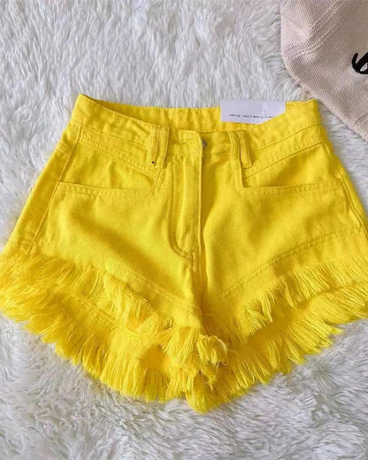 Solid Color Fringed Denim Shorts Yellow