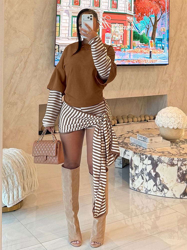 Layered Striped Top & Side-Tie Shorts Set