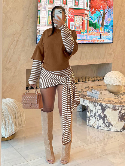 Layered Striped Top & Side-Tie Shorts Set