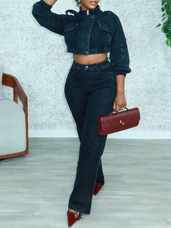 Denim Cropped Jacket & Pants Set