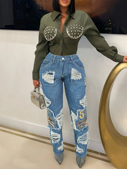 Embroidery Ripped Jeans