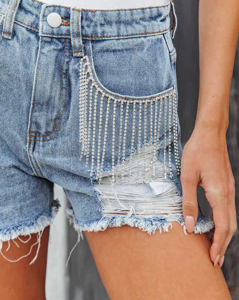 Casual Chain Fringe Ripped Denim Shorts