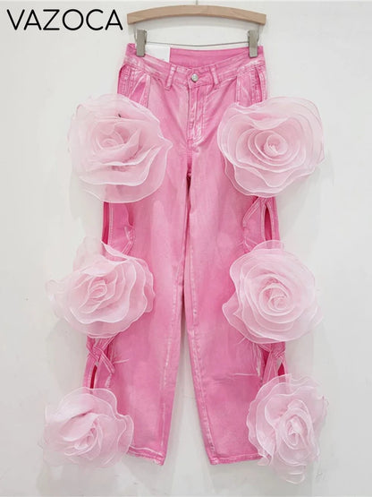 3D Flower Denim Pants Pink