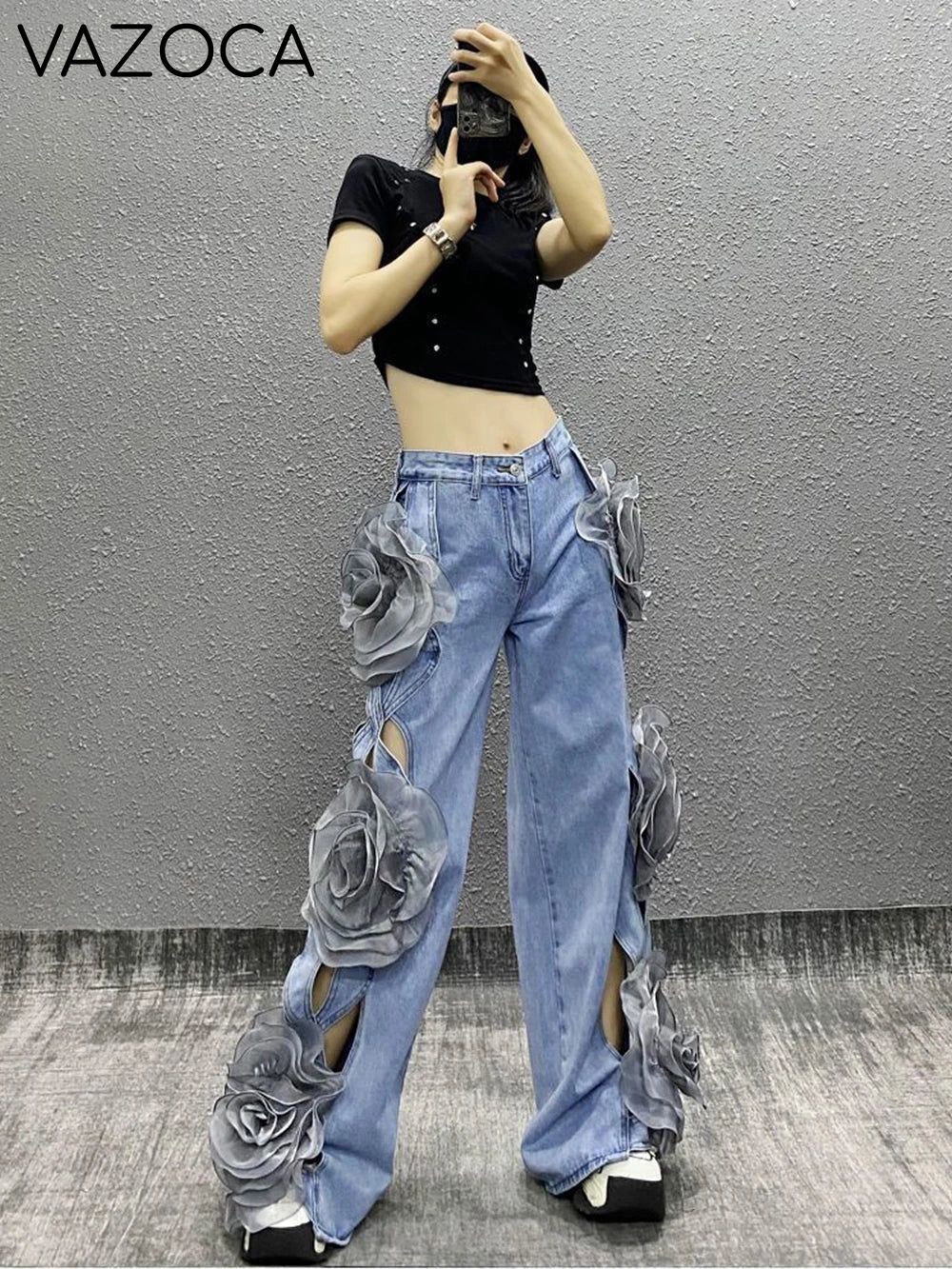 3D Flower Denim Pants